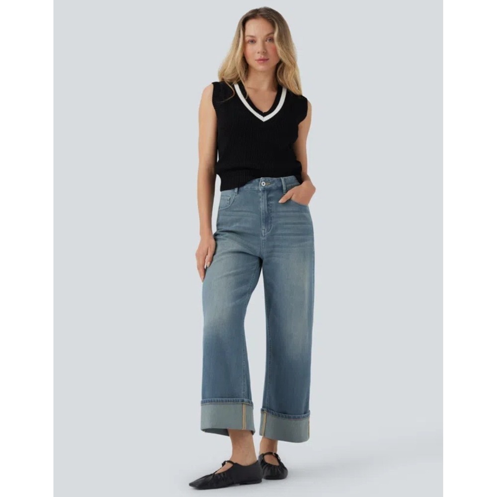 Halara Flex High Waisted Pockets Rolled Hem Wide Leg Casual Jeans Small Petite
